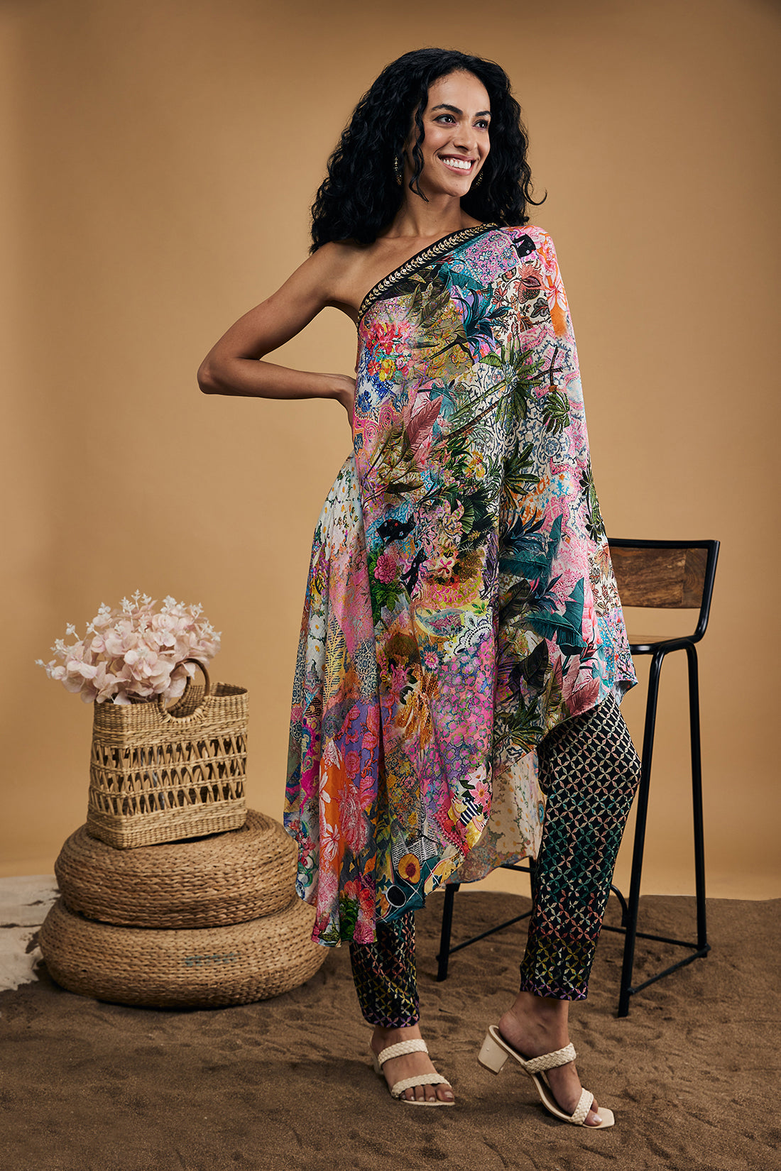 Image of Tropical Twilight Printed One-Shoulder Kurta With Pants