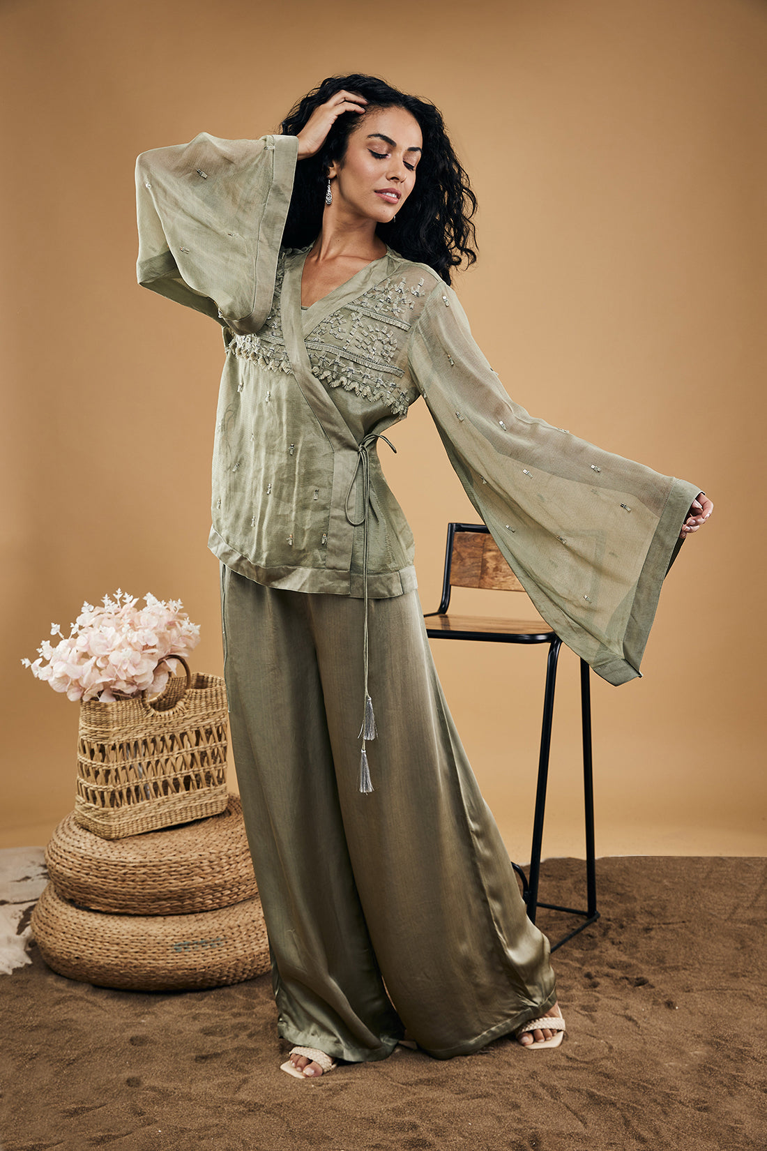 Image of Azra Embellished Overlaped Top With Pants