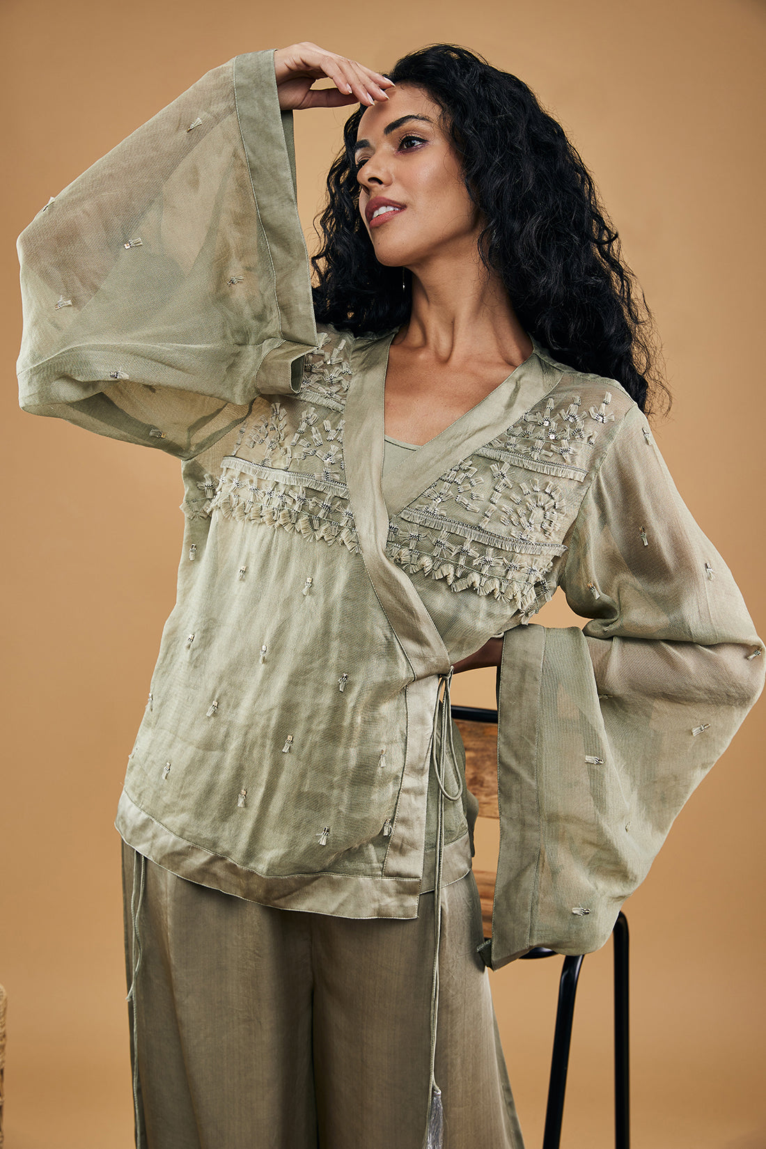 Image of Azra Embellished Overlaped Top With Pants