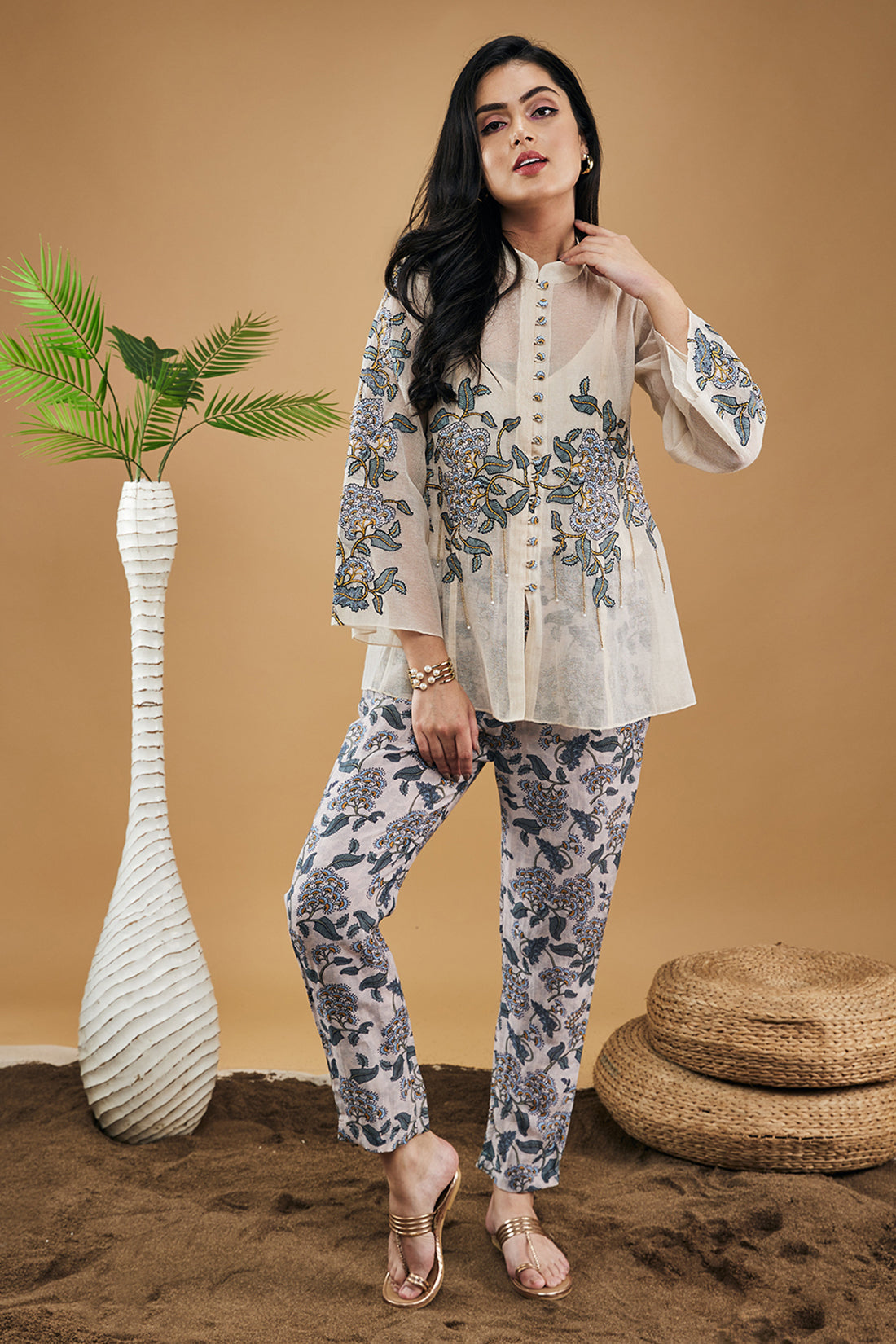 Image of Yasmin Applique Shirt Top With Pants