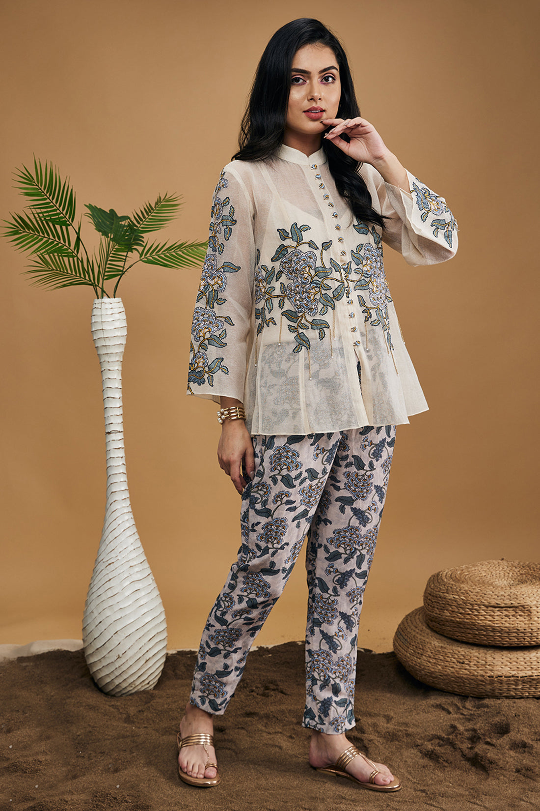 Image of Yasmin Applique Shirt Top With Pants