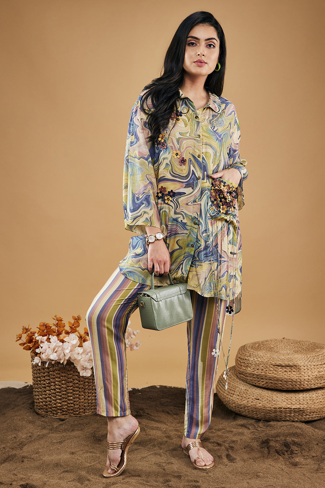 Image of Marble Mosaic Embellished Shirt With Pants