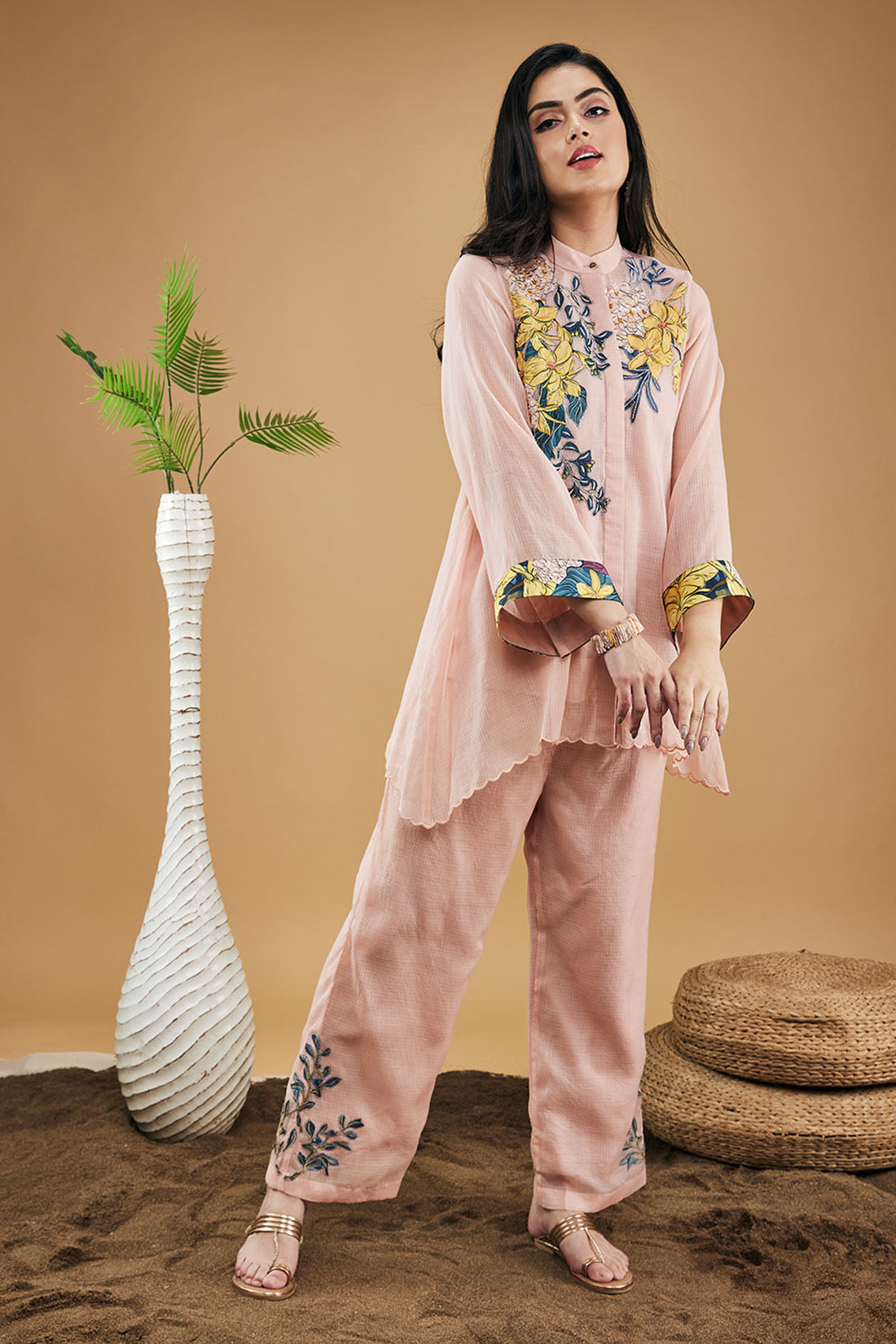 Image of Zinnia Applique High-low Shirt With Pants