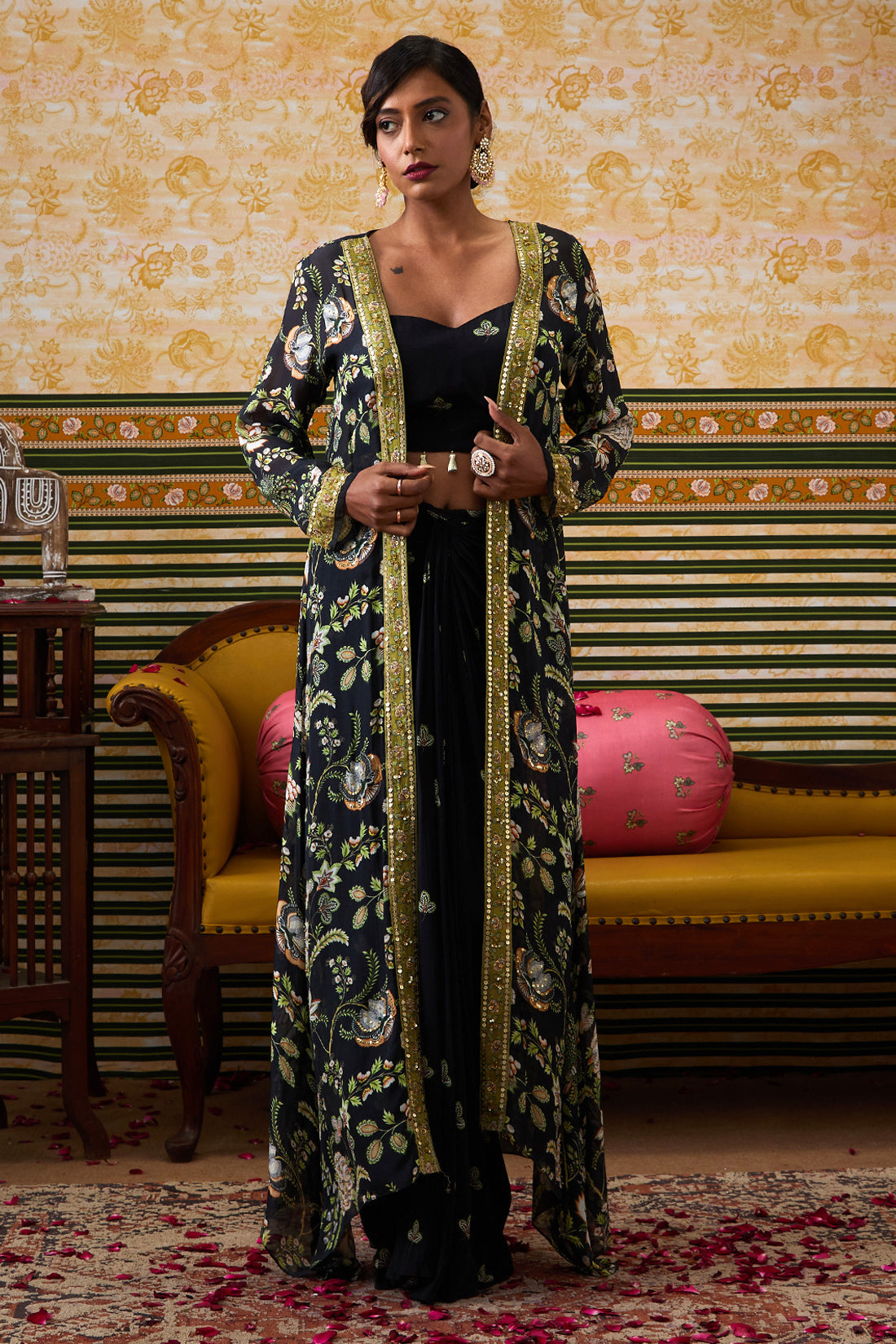 Image of Mehr Printed Drape Skirt Set With Jacket