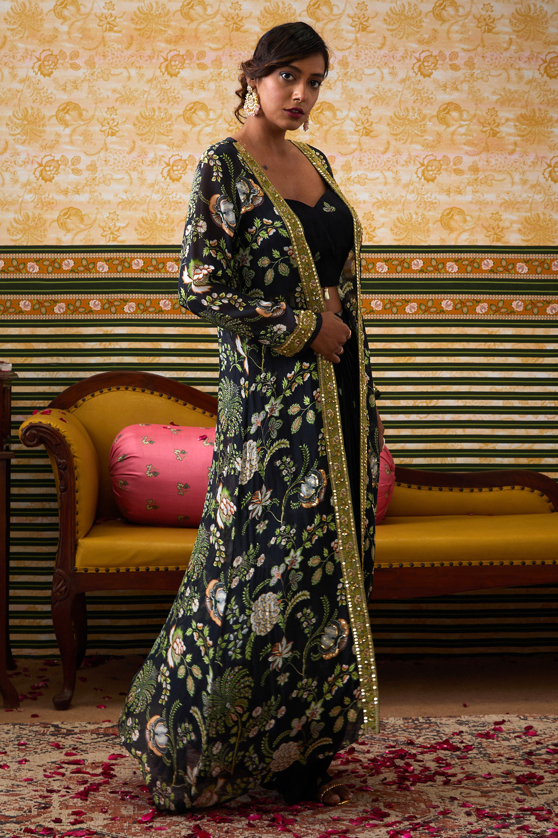 Image of Mehr Printed Drape Skirt Set With Jacket