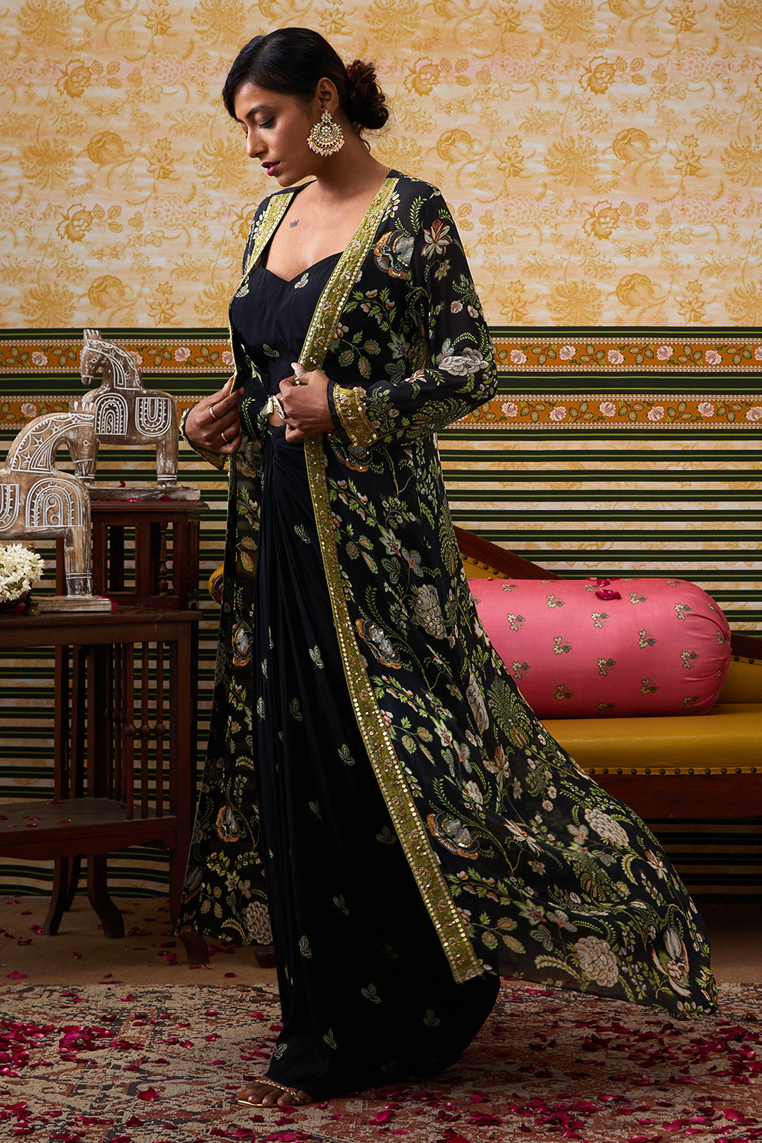 Image of Mehr Printed Drape Skirt Set With Jacket