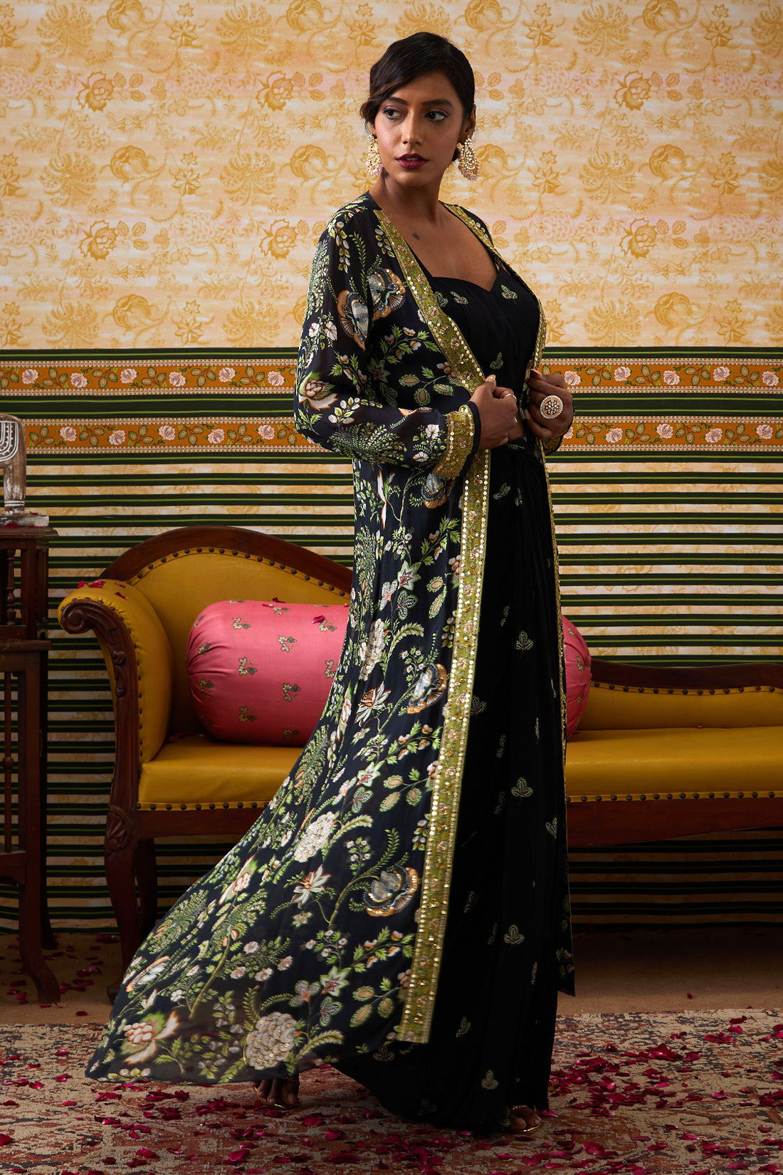 Image of Mehr Printed Drape Skirt Set With Jacket