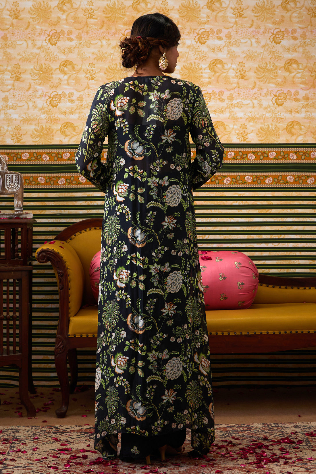 Image of Mehr Printed Drape Skirt Set With Jacket