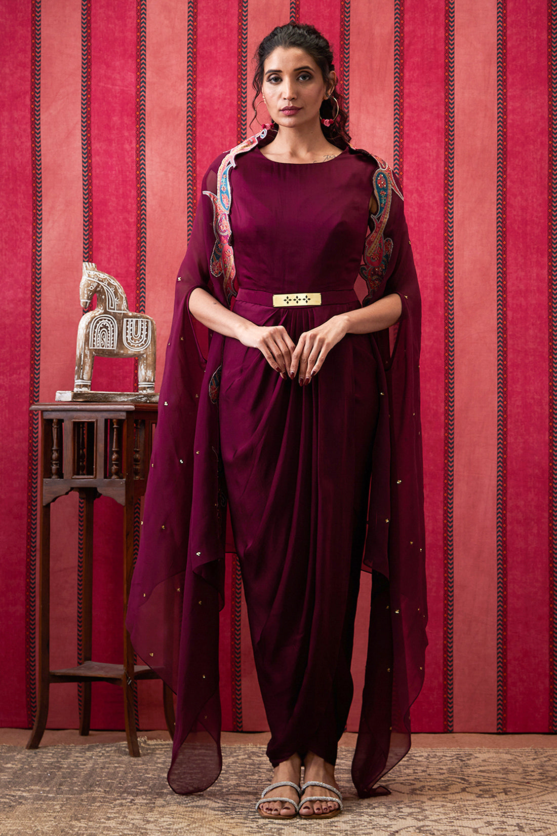 Image of Qala Drape dress With Printed Applique Cape