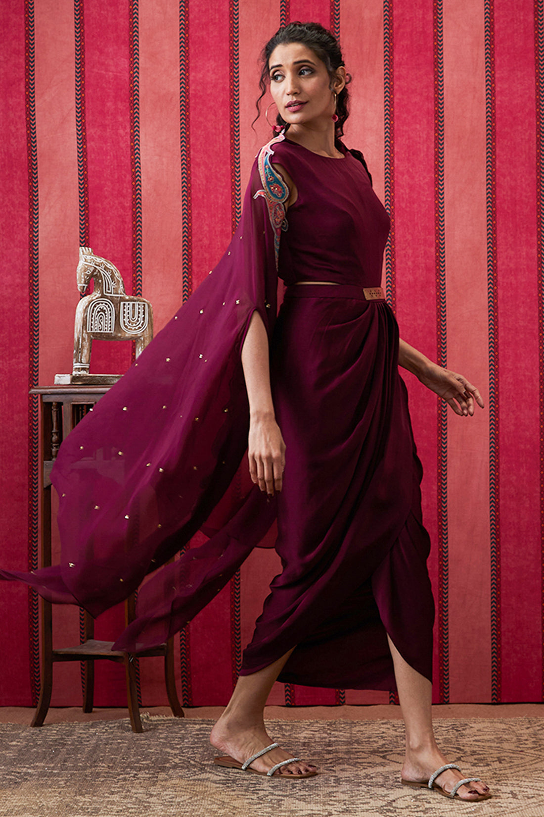 Image of Qala Drape dress With Printed Applique Cape