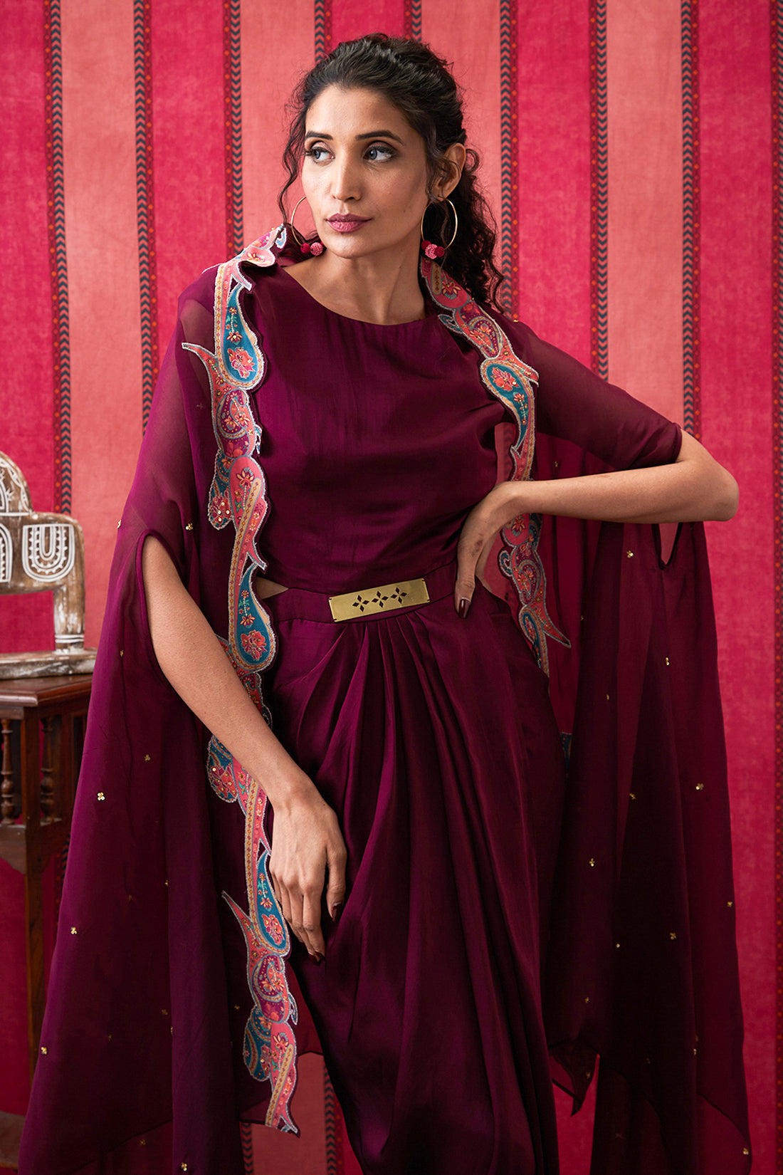 Image of Qala Drape dress With Printed Applique Cape