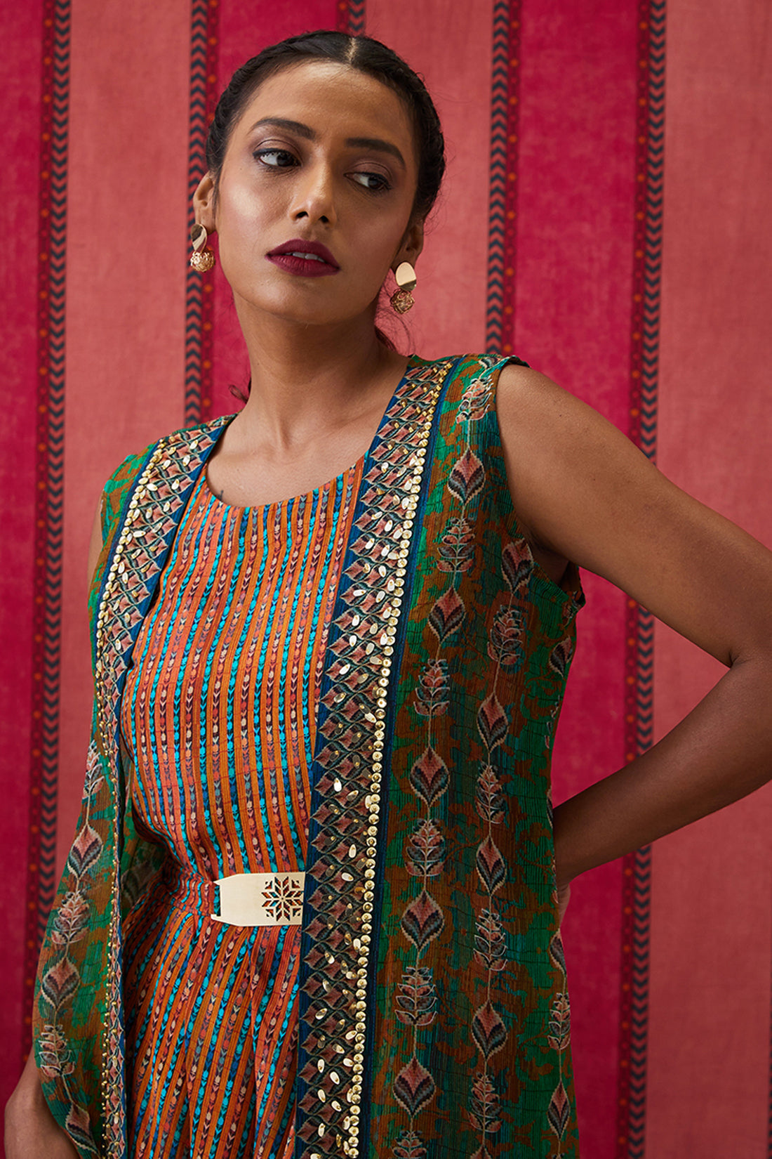 Image of Adah Printed Dress with Embroidered Jacket