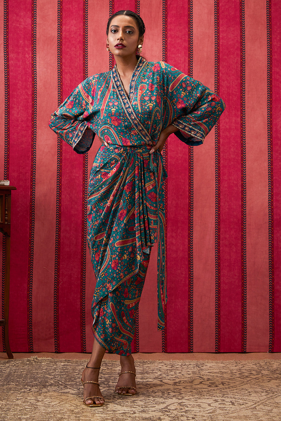 Image of Qala Embroidered Drape Dress With Waist Tie-up