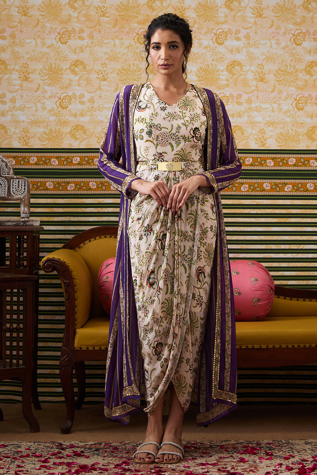 Image of Mehr Drape Dress With Printed Jacket