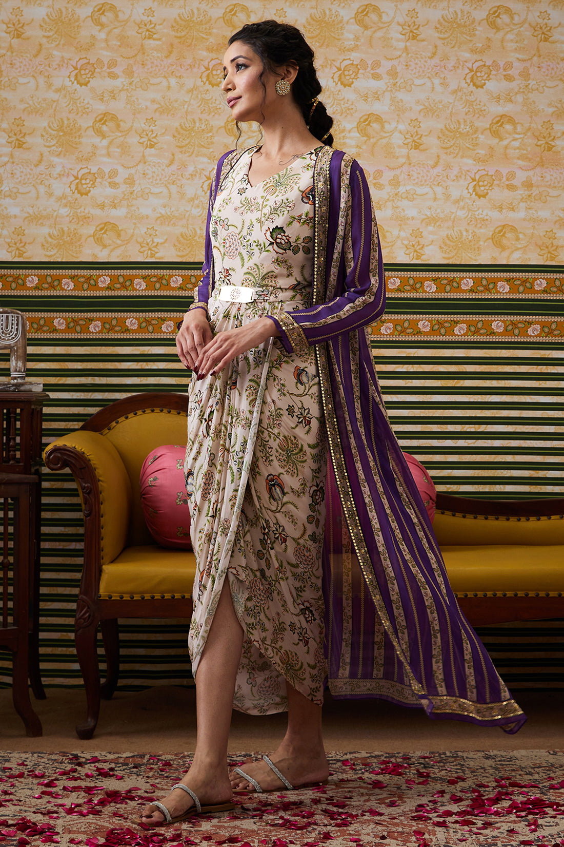 Image of Mehr Drape Dress With Printed Jacket