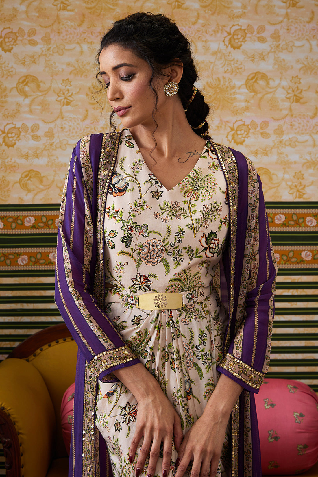 Image of Mehr Drape Dress With Printed Jacket