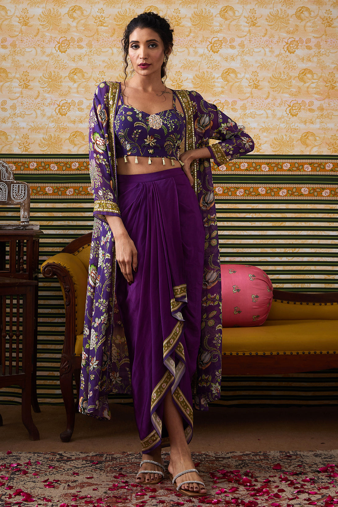 Image of Mehr Printed Drape Skirt Set With Jacket