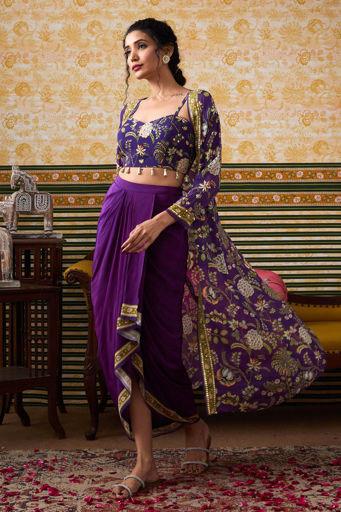 Image of Mehr Printed Drape Skirt Set With Jacket