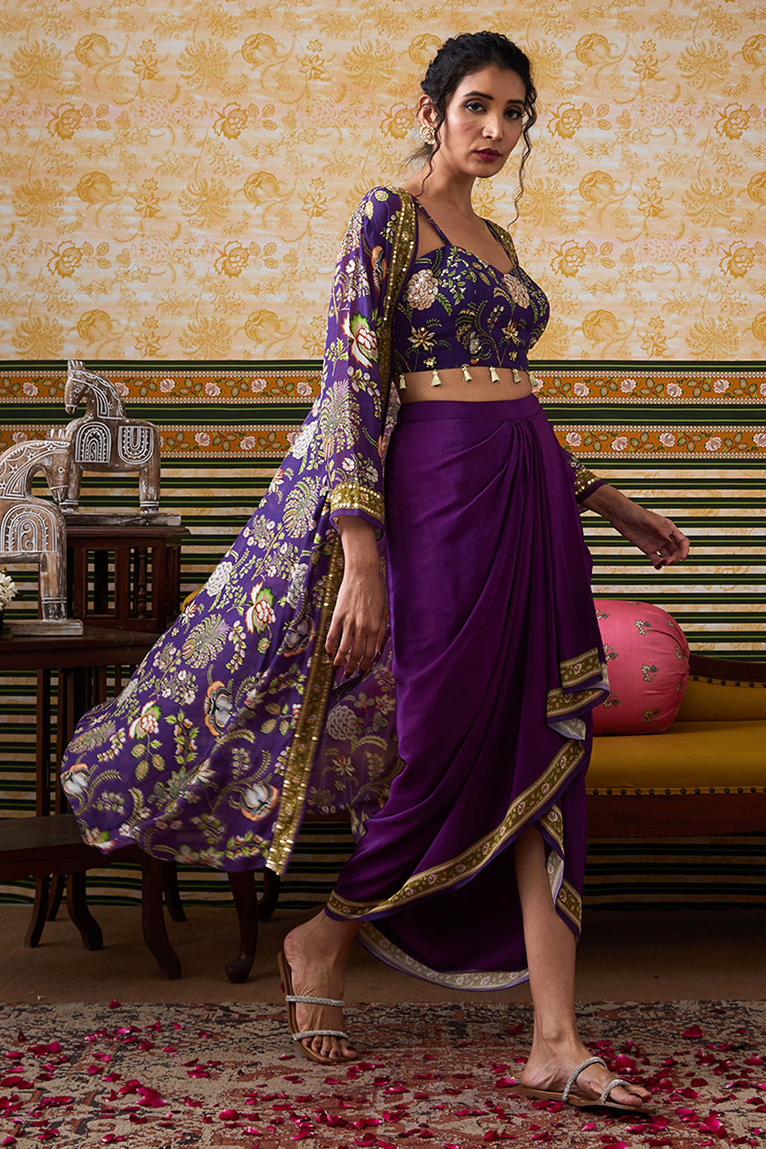 Image of Mehr Printed Drape Skirt Set With Jacket