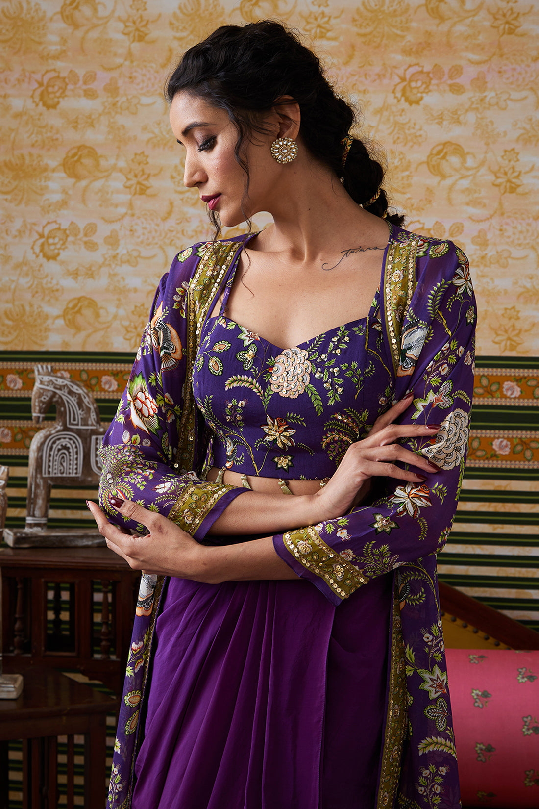 Image of Mehr Printed Drape Skirt Set With Jacket