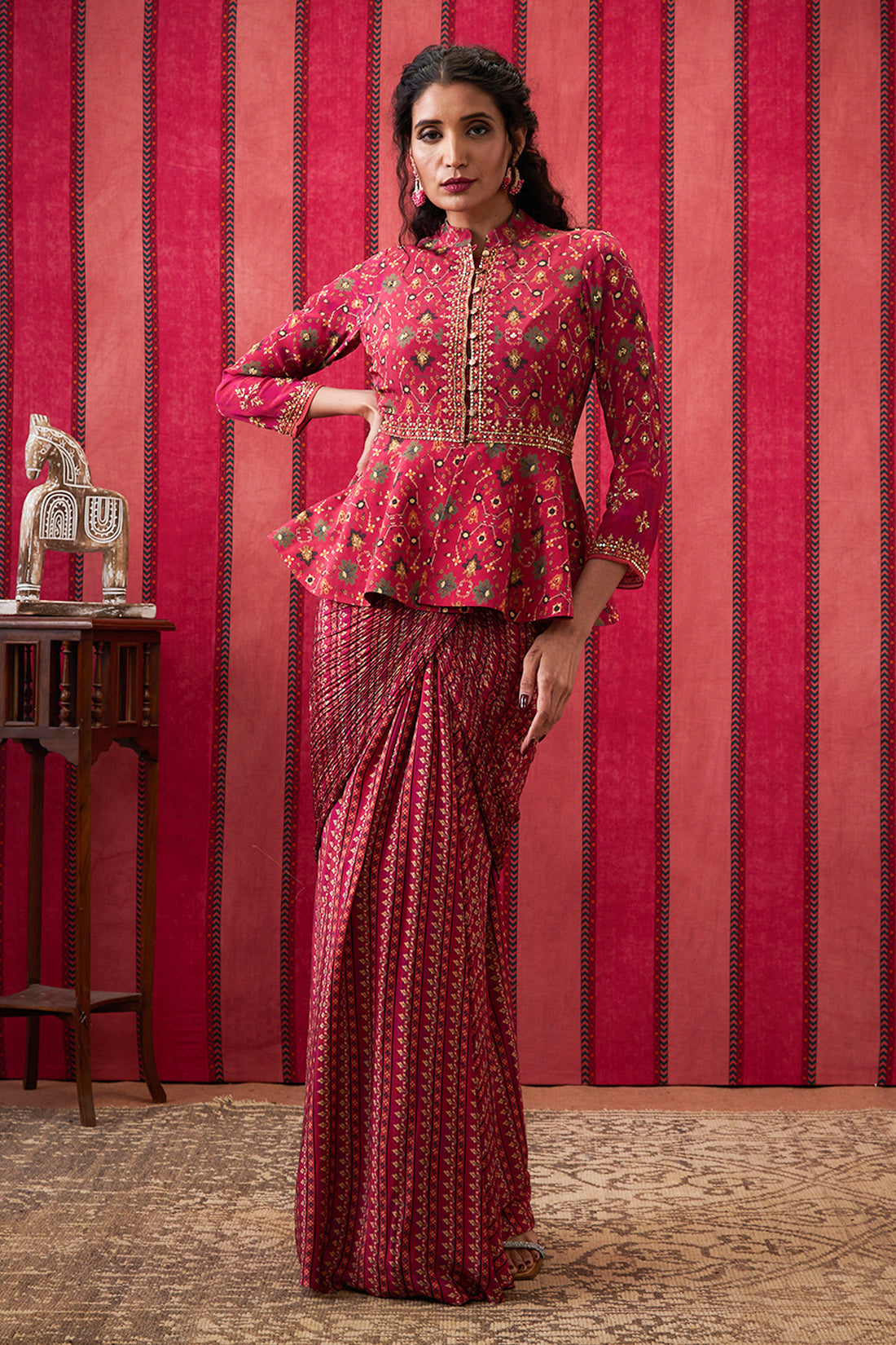 Image of Zahra Embroidered Peplum Top With Drape Skirt