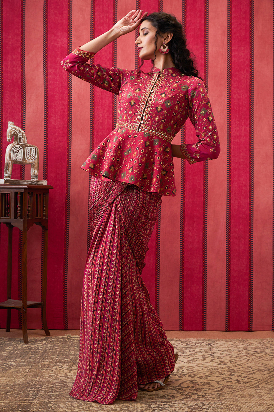 Image of Zahra Embroidered Peplum Top With Drape Skirt