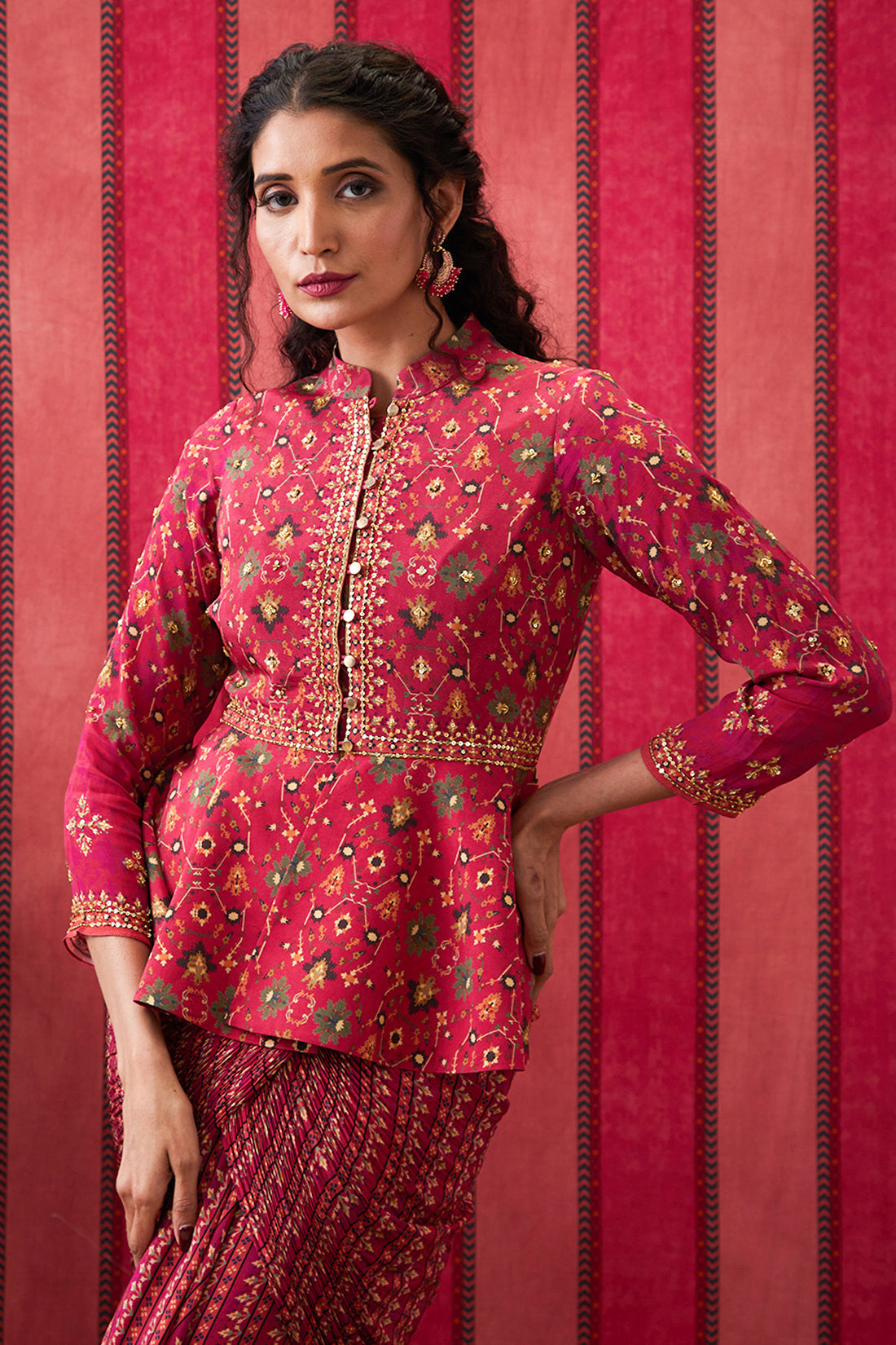 Image of Zahra Embroidered Peplum Top With Drape Skirt