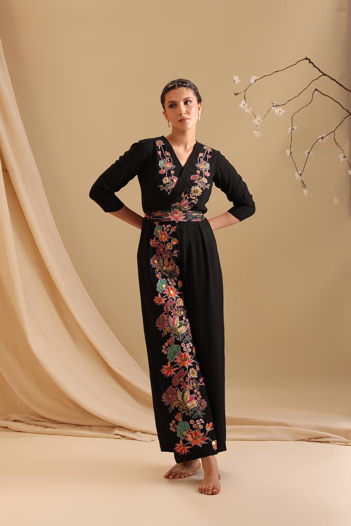 Image of Aarani Applique Overlap Jumpsuit With Belt