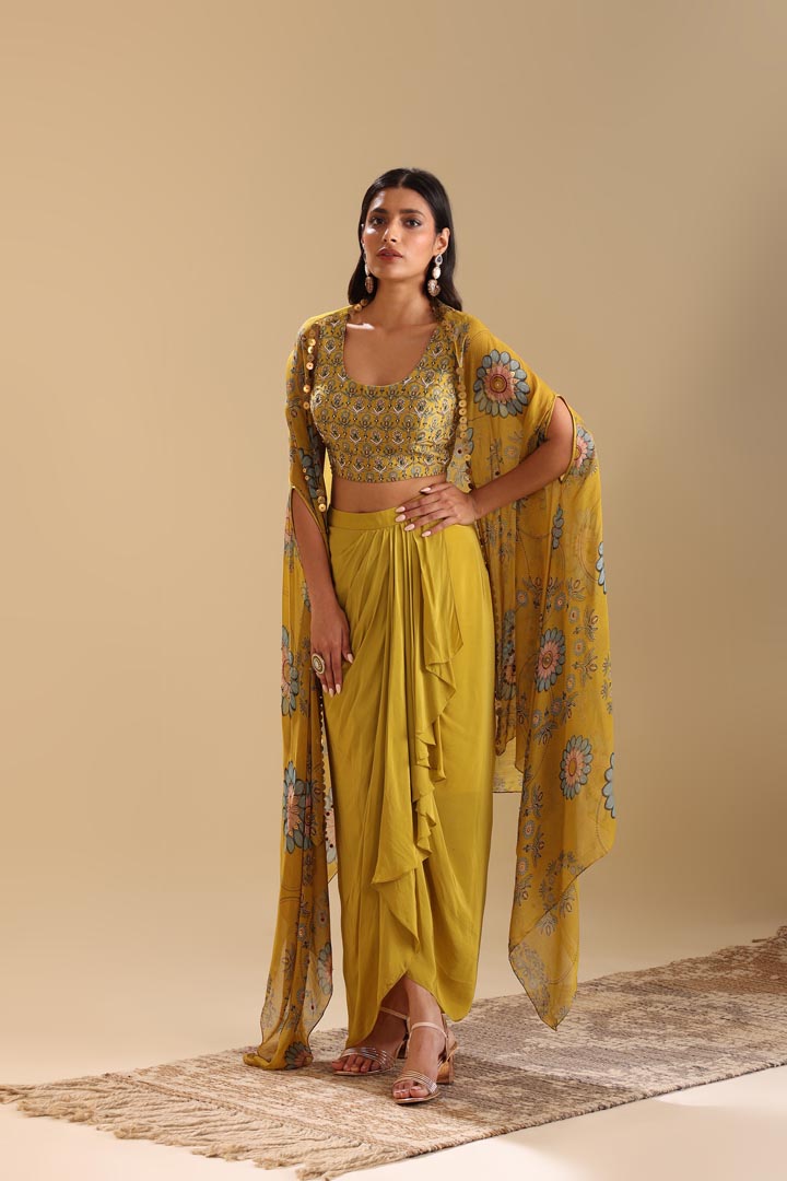 Image of Eraya emblished Drape skirt set with cape