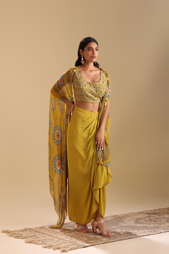 Image of Eraya emblished Drape skirt set with cape