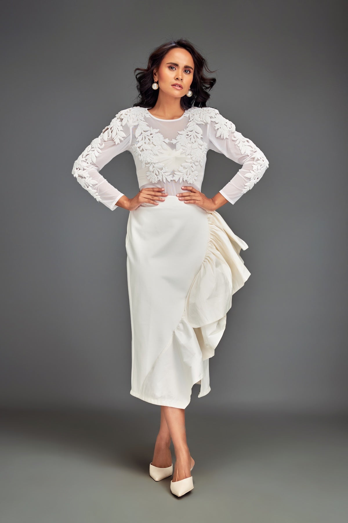 Full-Sleeve Embellished Mesh Bodice Top & Asymmetric Skirt