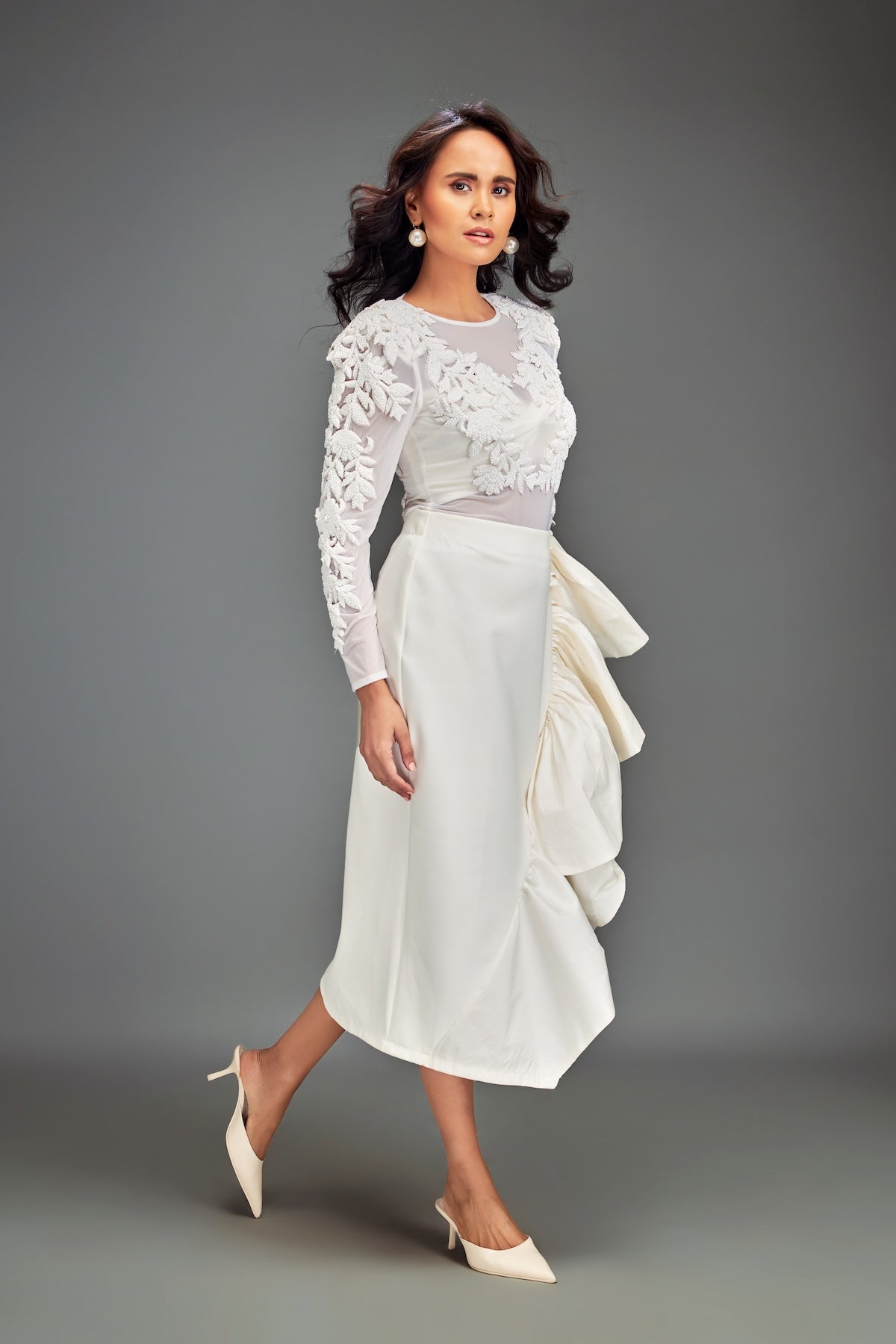 Full-Sleeve Embellished Mesh Bodice Top & Asymmetric Skirt