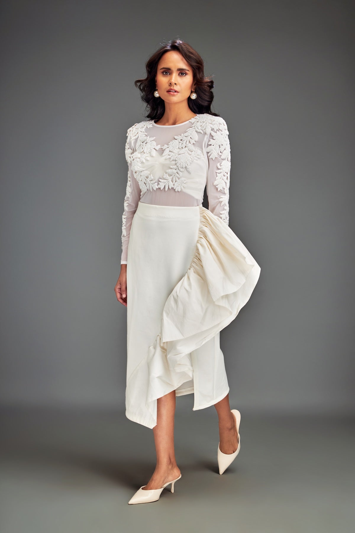 Full-Sleeve Embellished Mesh Bodice Top & Asymmetric Skirt