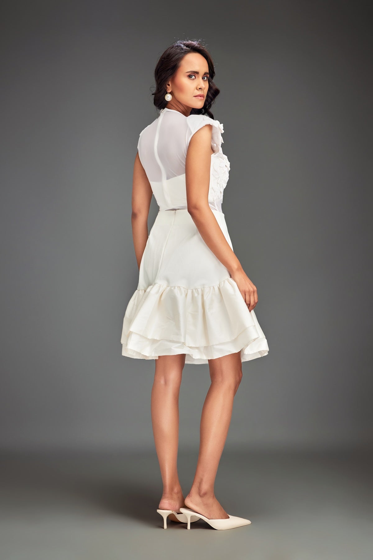 Sheer Embellished Crop Top With High-Waisted Ruffle Skirt