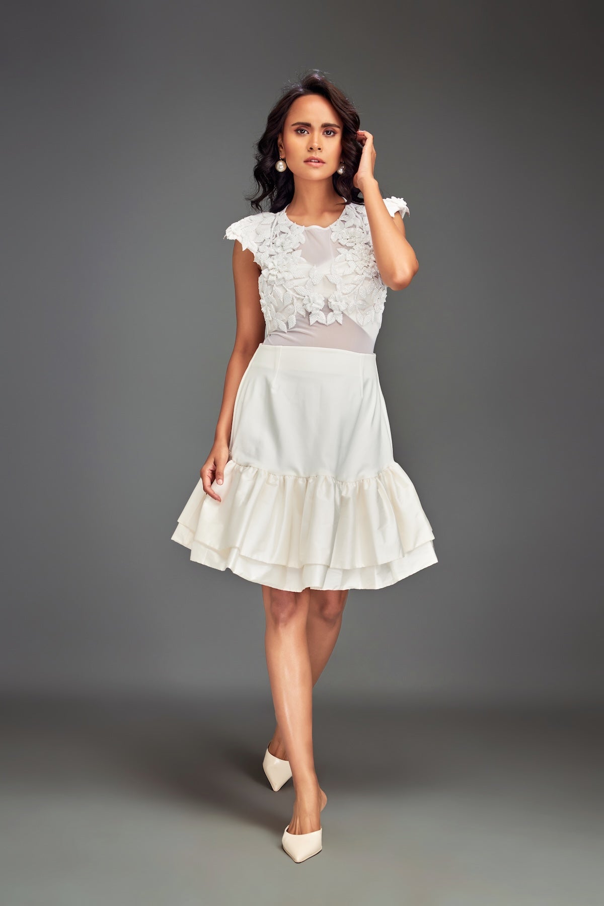 Sheer Embellished Crop Top With High-Waisted Ruffle Skirt