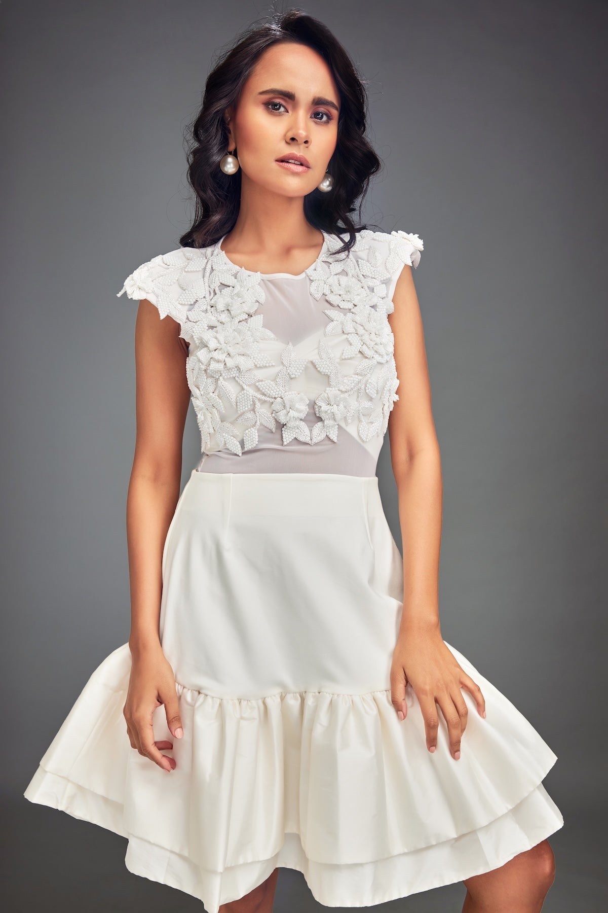 Sheer Embellished Crop Top With High-Waisted Ruffle Skirt