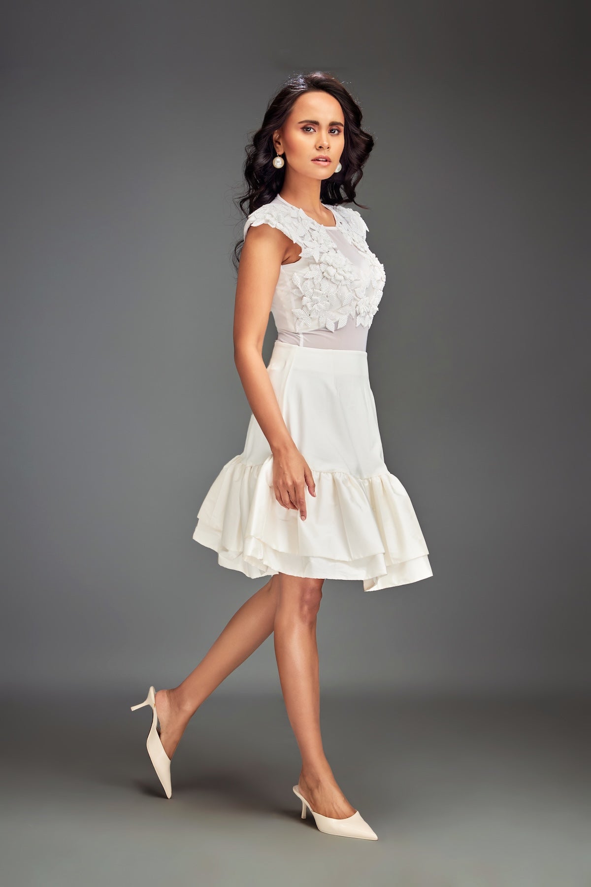 Sheer Embellished Crop Top With High-Waisted Ruffle Skirt
