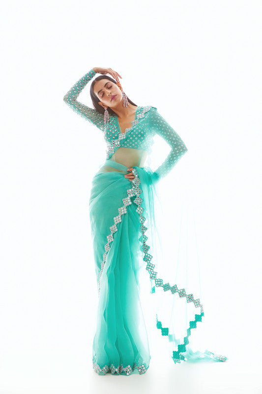 Image of Biscay Green Organza Mirror Border Saree Set