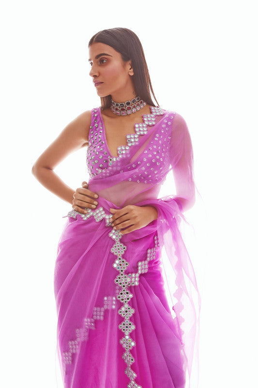 Image of Mauve Organza Mirror Border Saree