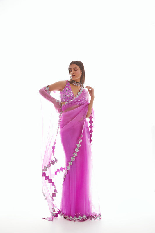 Image of Mauve Organza Mirror Border Saree