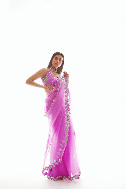 Image of Mauve Organza Mirror Border Saree