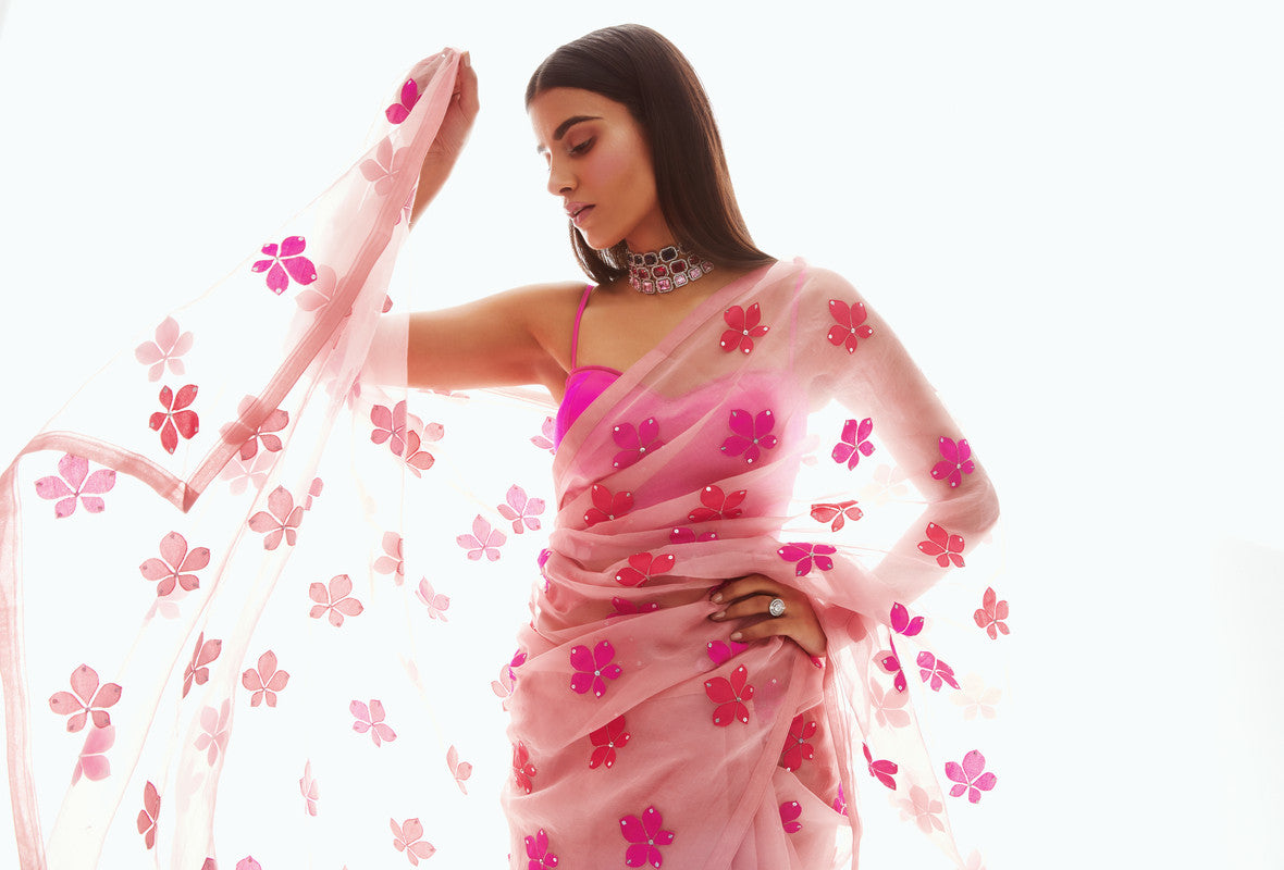 Image of Dusty Rose Applique Organza Saree Set