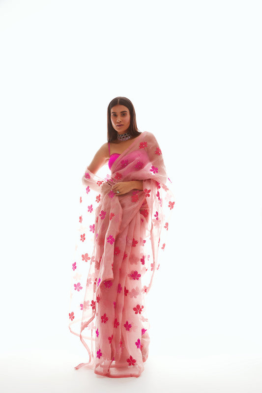 Image of Dusty Rose Applique Organza Saree Set