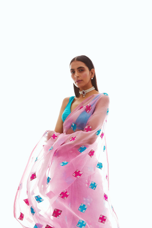 Image of Onion Pink Applique Saree Set