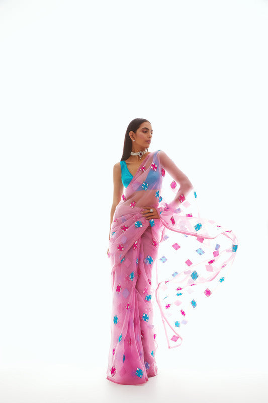 Image of Onion Pink Applique Saree Set