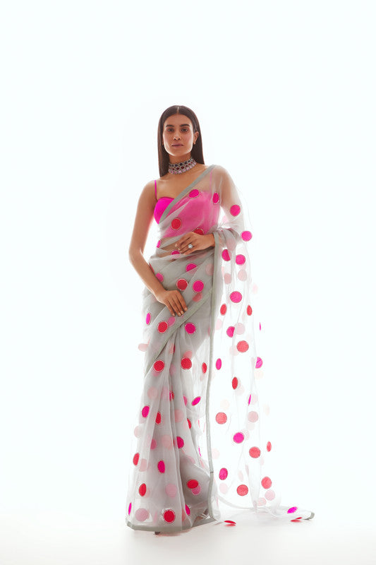 Image of Light Grey Applique Organza Saree Set