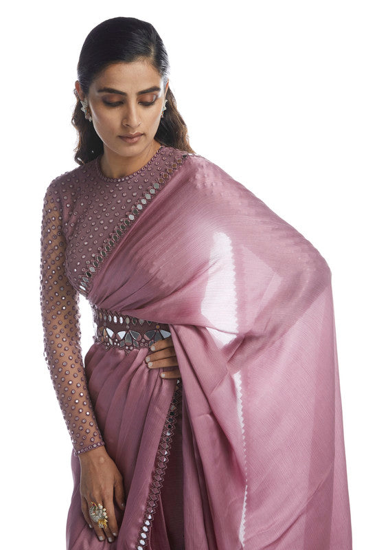 Image of OLD ROSE SATIN CHIFFON SAREE