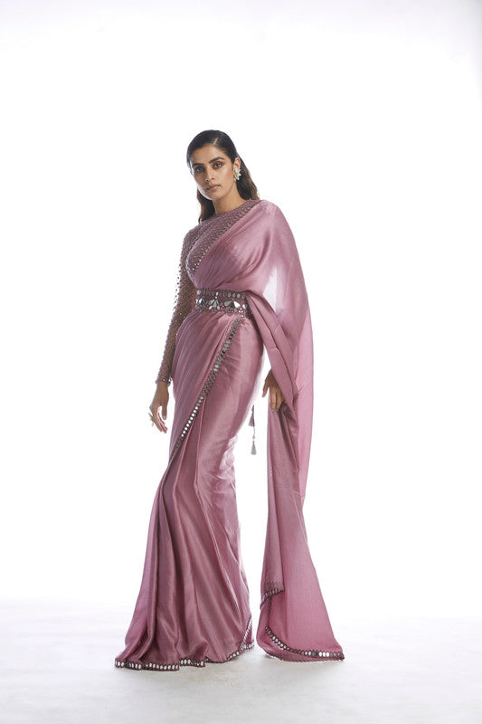 Image of OLD ROSE SATIN CHIFFON SAREE