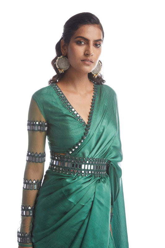 Image of SAGE GREEN SATIN CHIFFON SAREE