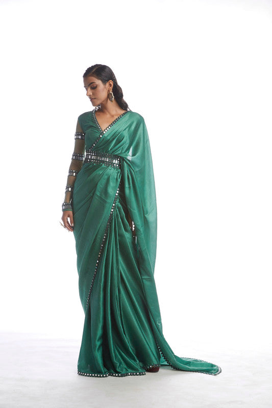 Image of SAGE GREEN SATIN CHIFFON SAREE